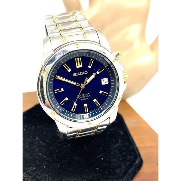 Seiko Men's Watch SNQ010 Quartz Blue Dial Perpetual Calendar Two Tone Steel 39mm - Picture 1 of 15